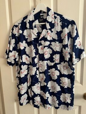 GAP Navy Button-Down Shirt with White Floral Print and Red Accents